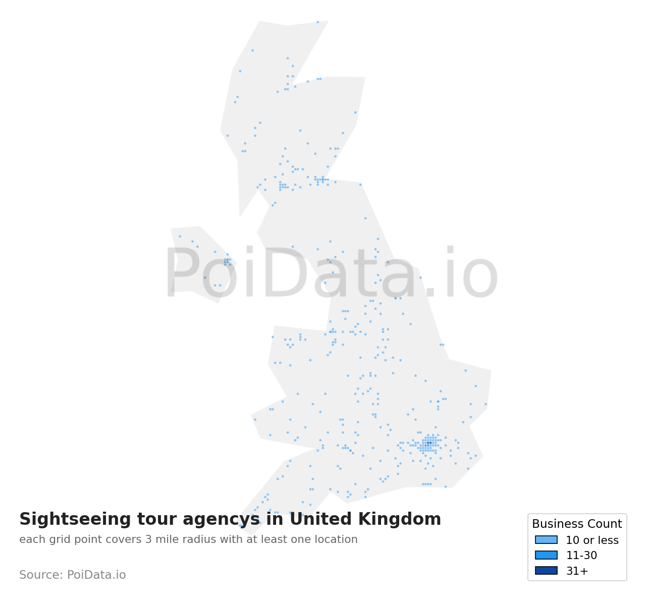 Sightseeing tour agency density map for United Kingdom