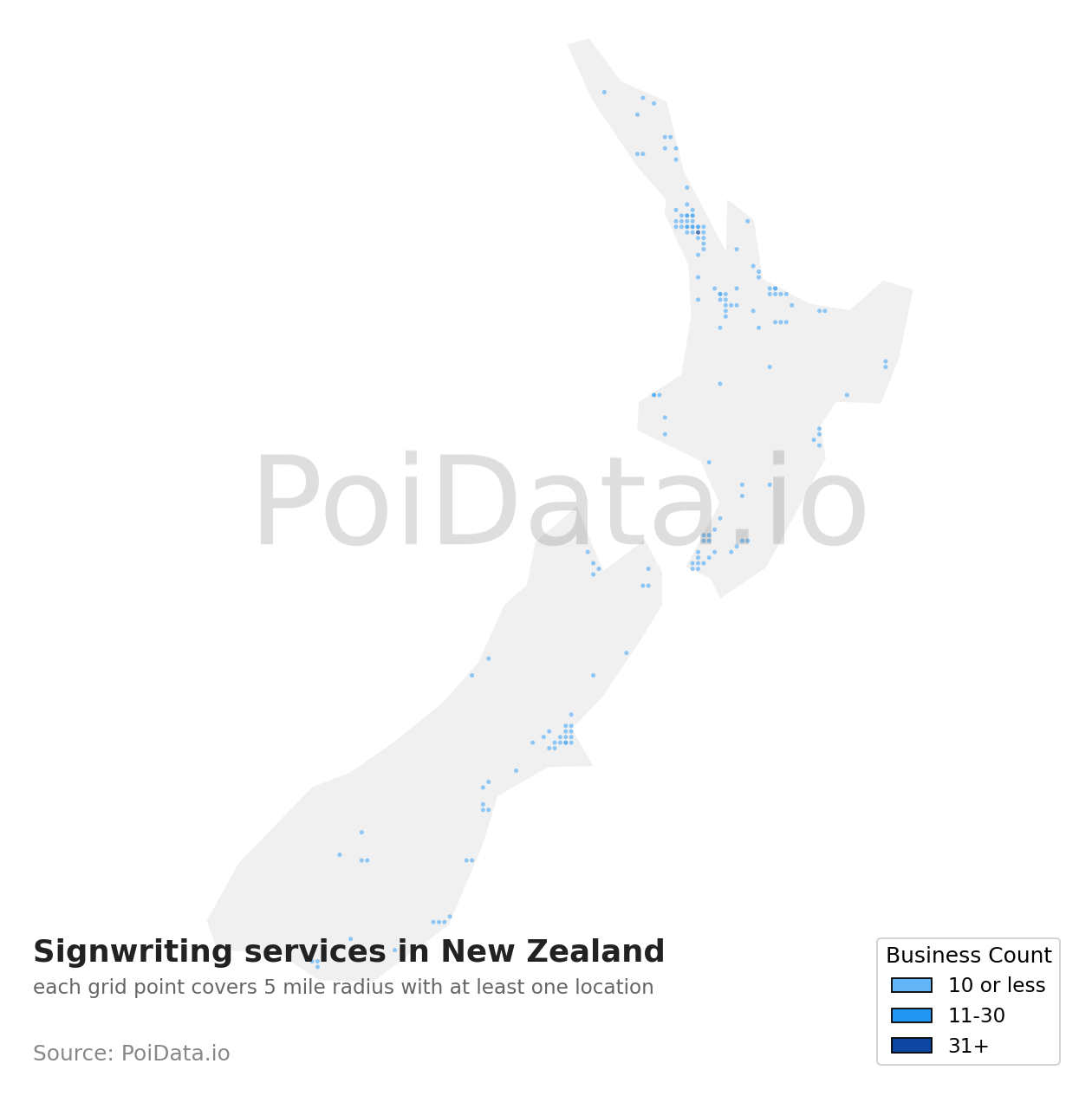 Signwriting service density map for New Zealand