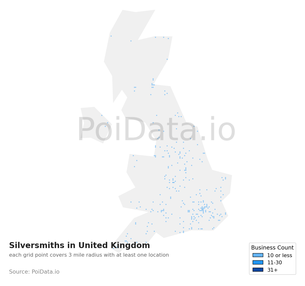 Silversmith density map for United Kingdom