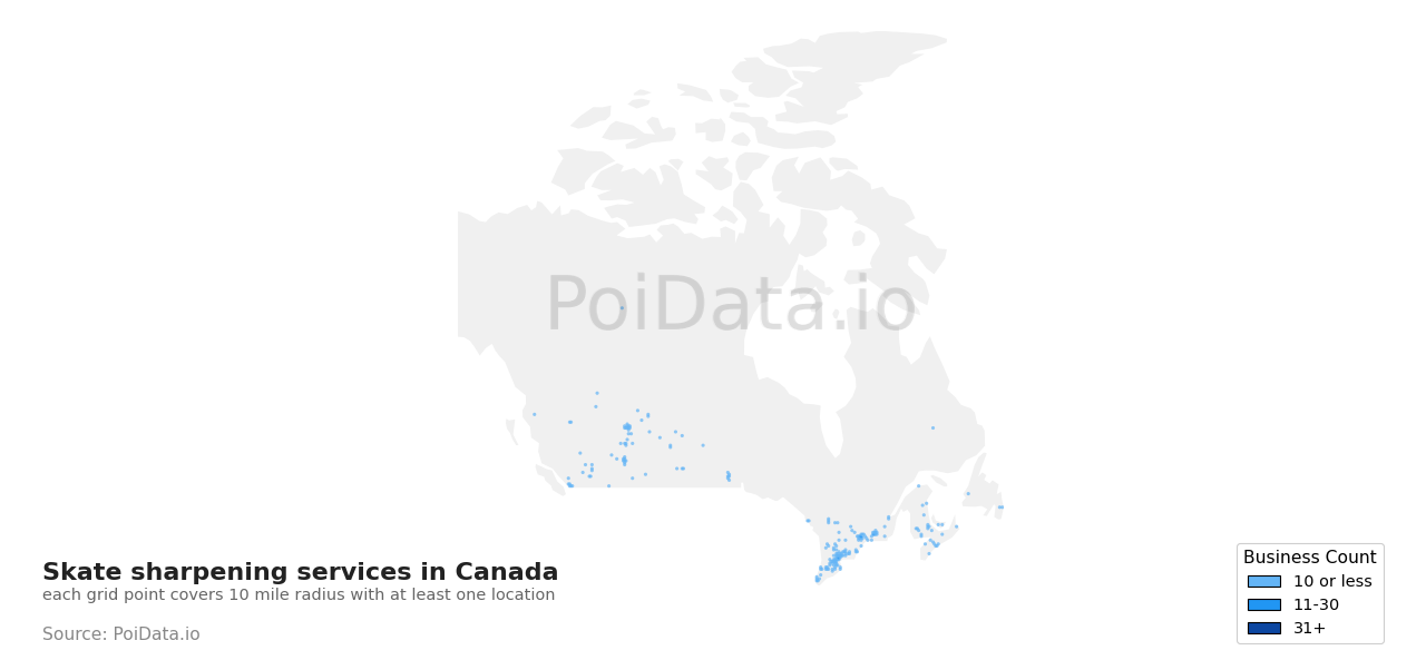 Skate sharpening service density map for Alberta, Canada
