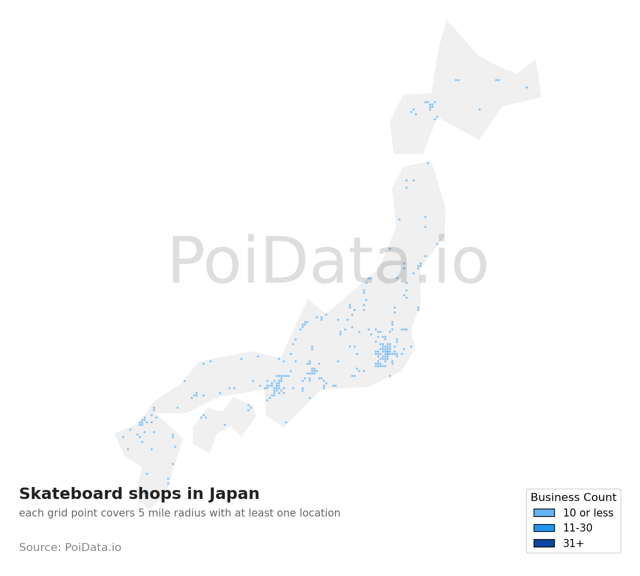 Skateboard shop density map for Japan