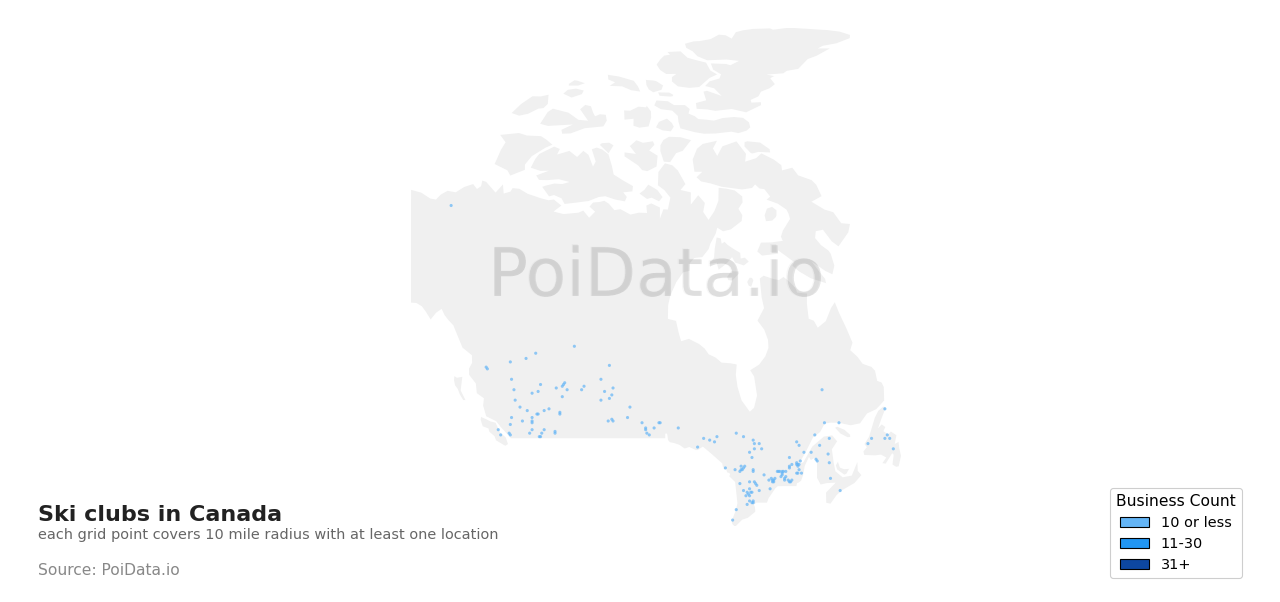 Ski club density map for Canada