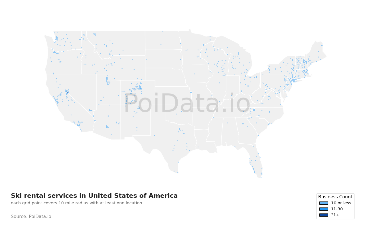 Ski rental service density map for United States