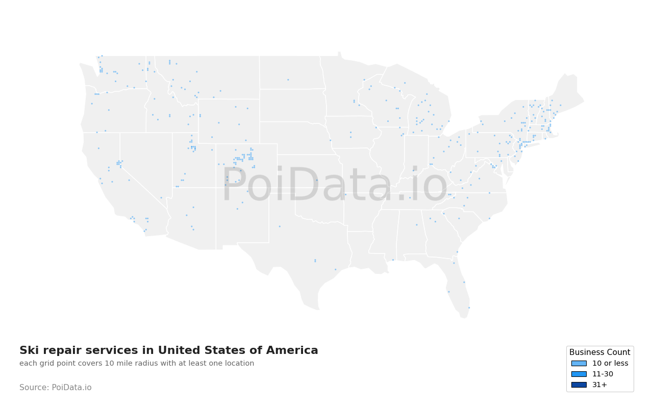 Ski repair service density map for United States