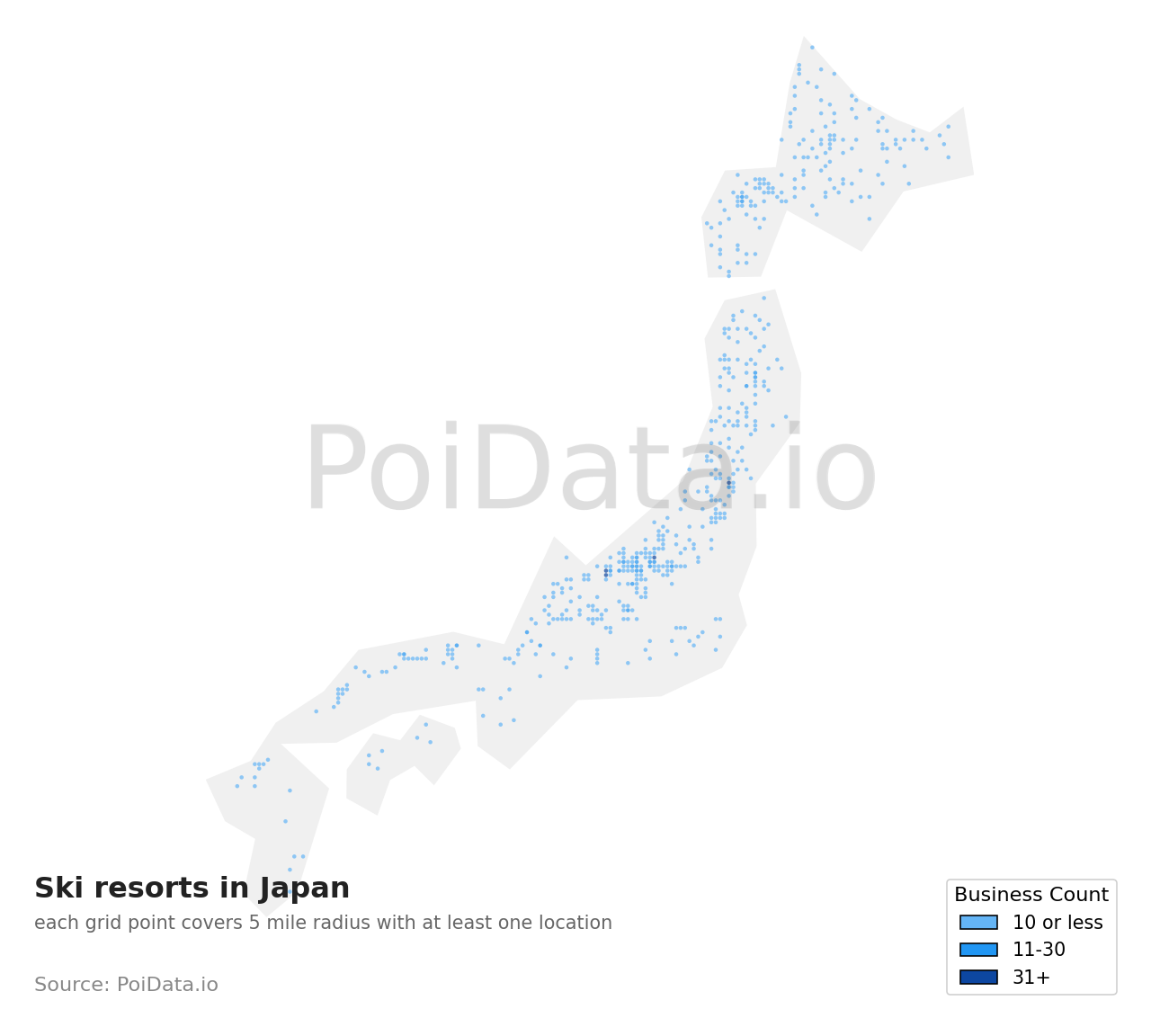 Ski resort density map for Japan