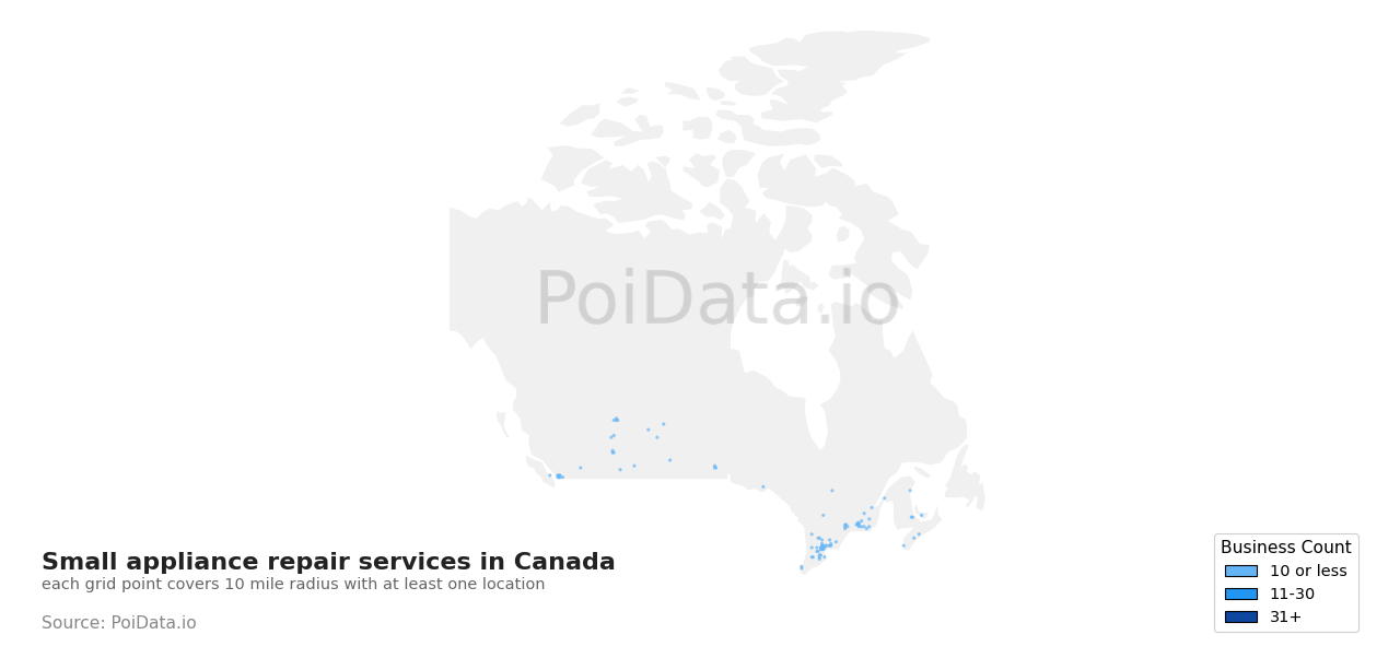 Small appliance repair service density map for Saskatchewan, Canada