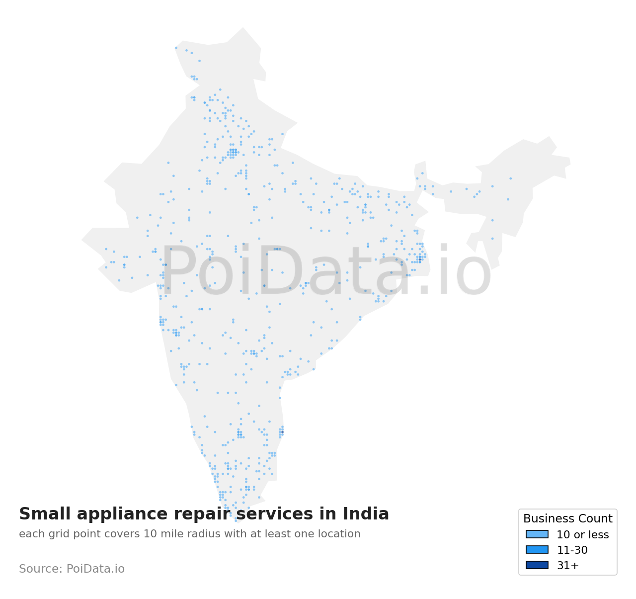 Small appliance repair service density map for India
