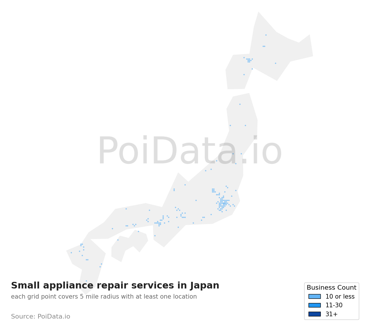 Small appliance repair service density map for Japan