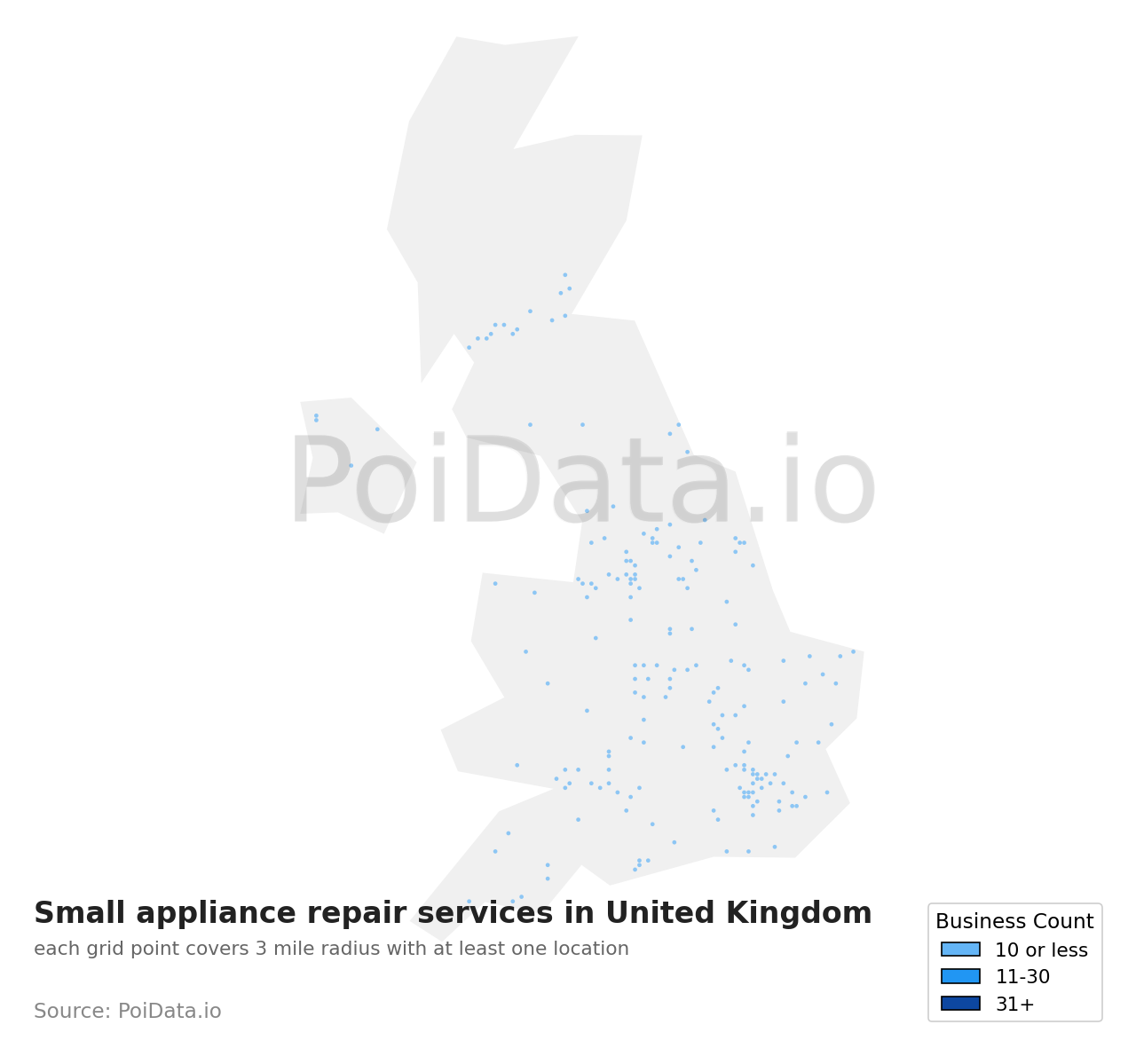 Small appliance repair service density map for United Kingdom