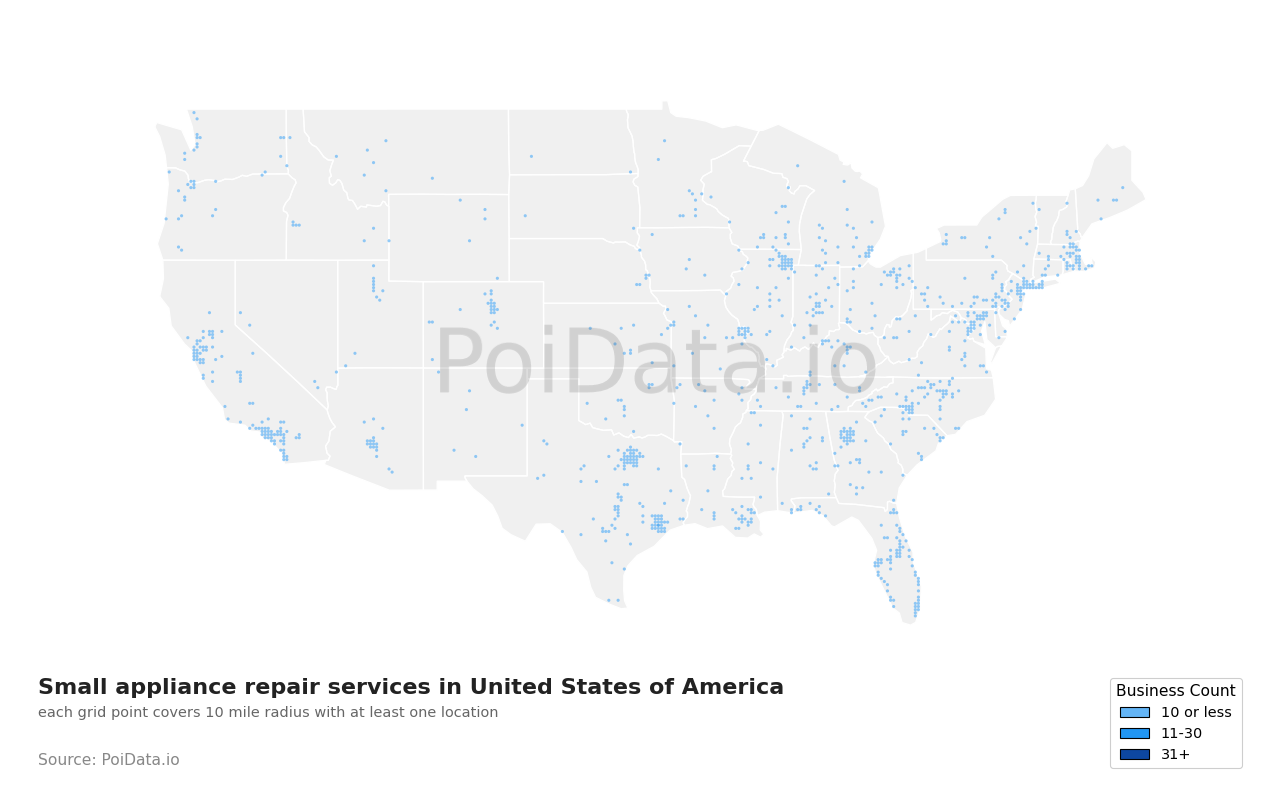 Small appliance repair service density map for United States