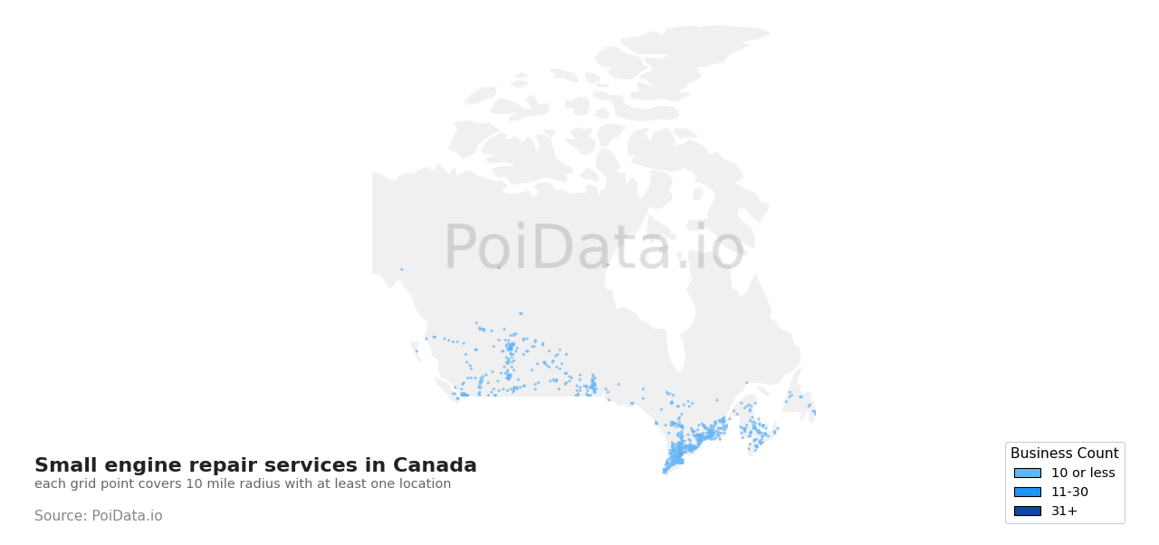 Small engine repair service density map for British Columbia, Canada