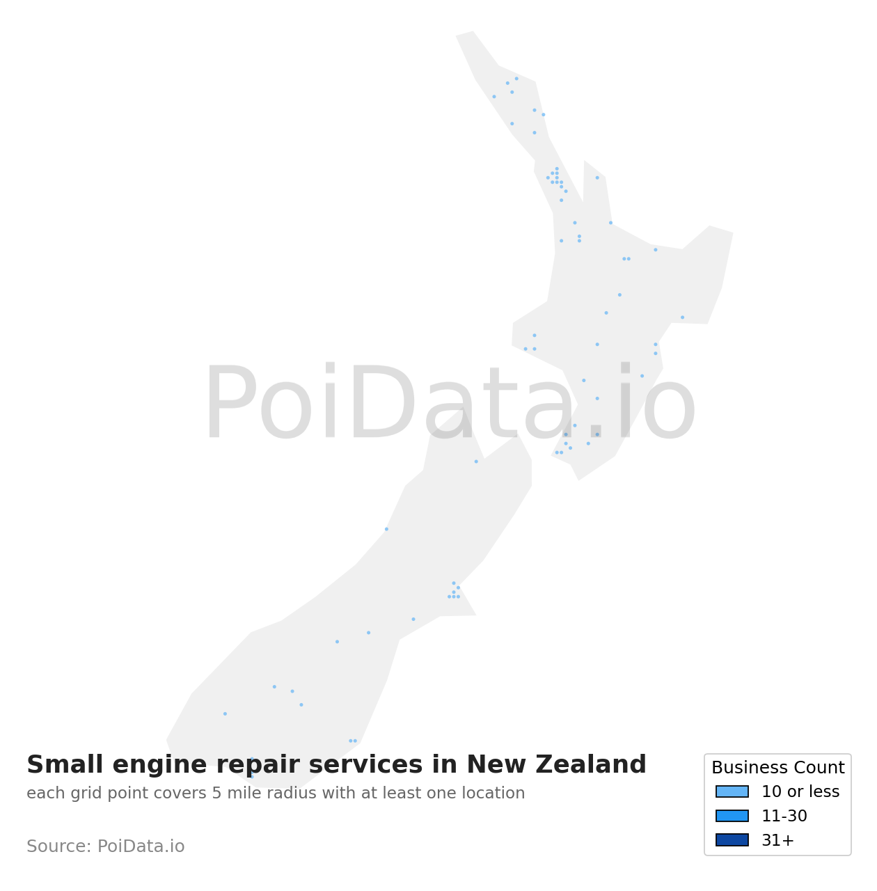 Small engine repair service density map for New Zealand
