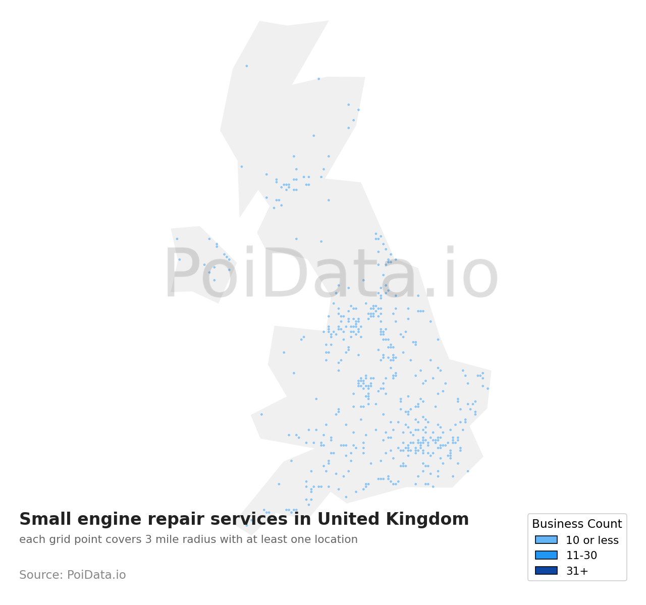 Small engine repair service density map for United Kingdom