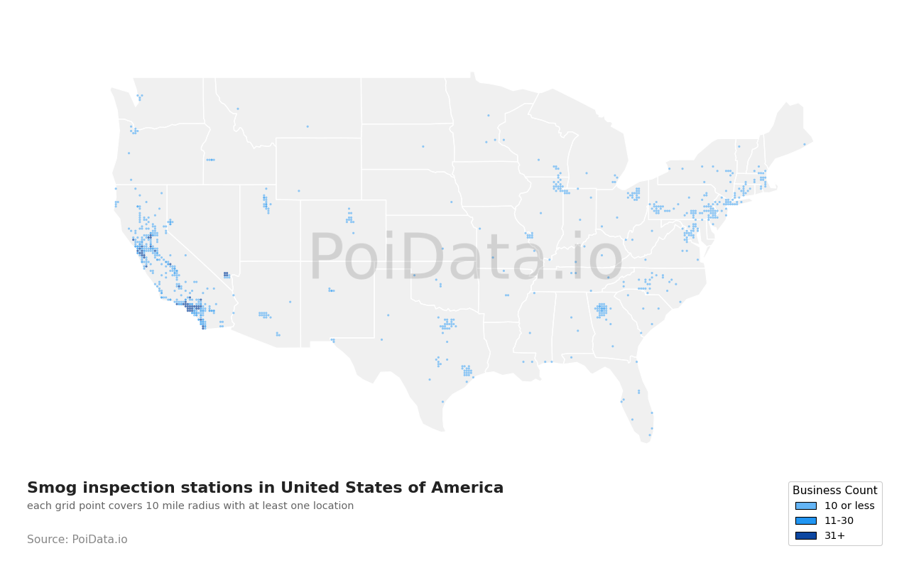 Smog inspection station density map for California, United States