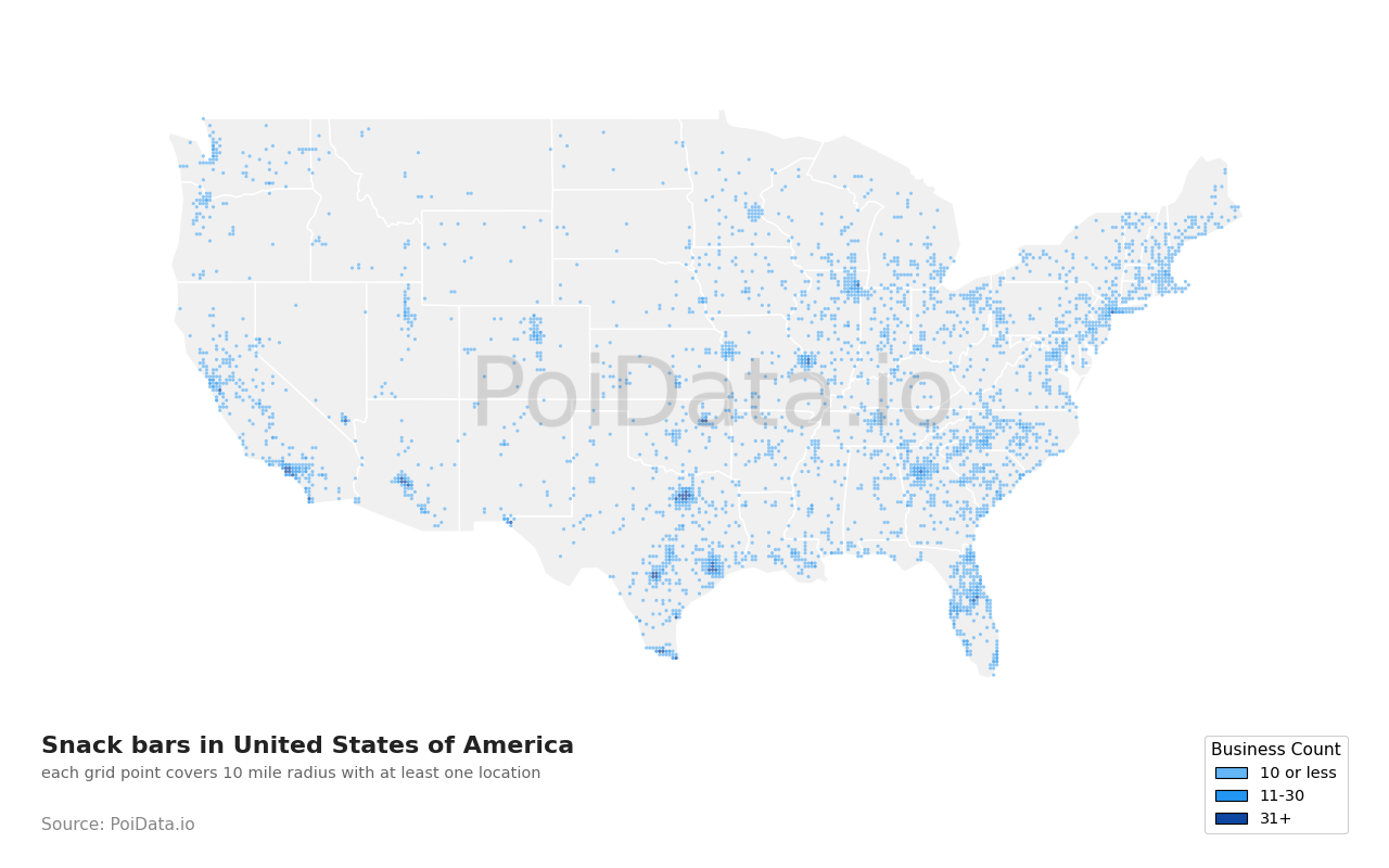 Snack bar density map for United States