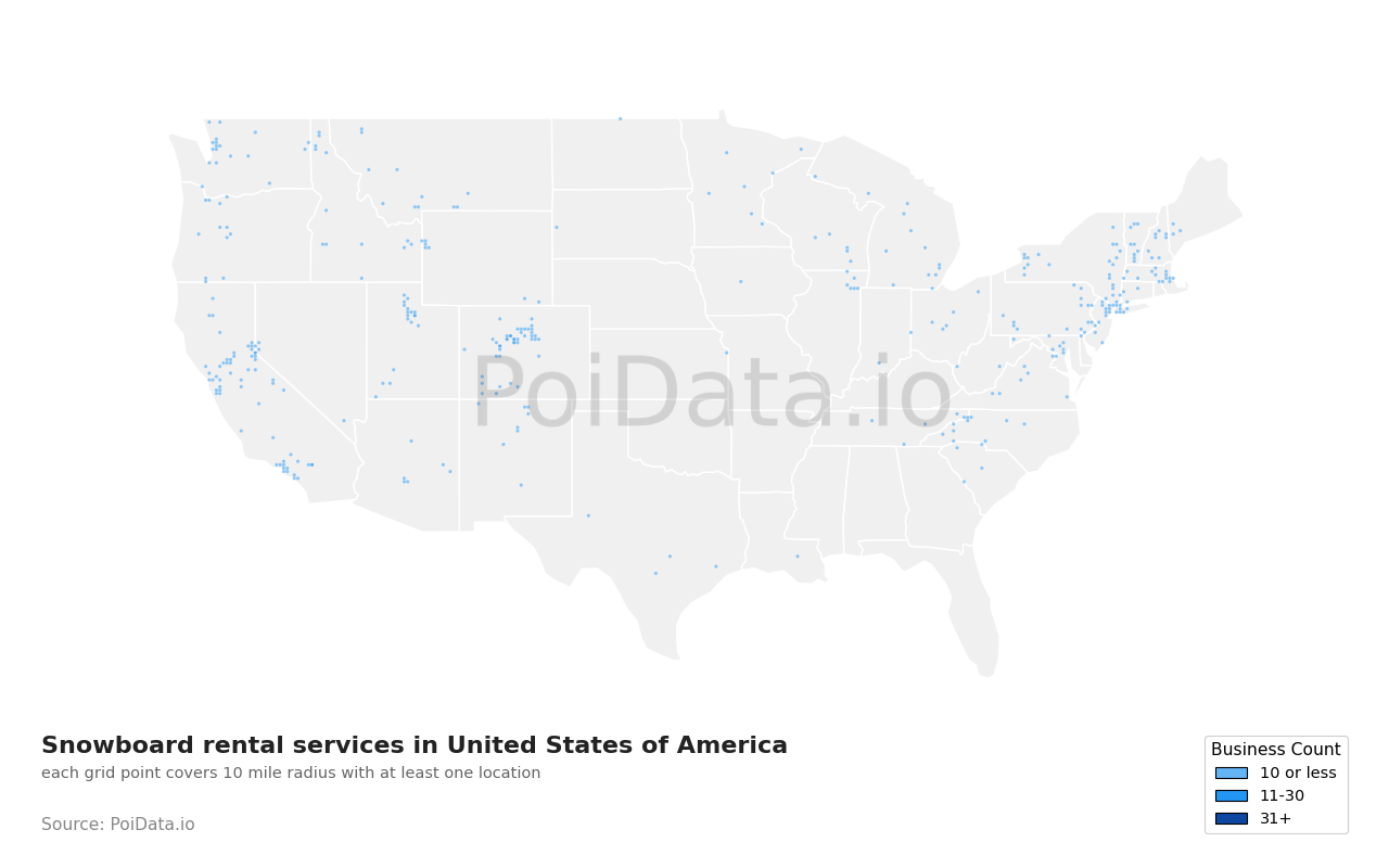 Snowboard rental service density map for Idaho, United States