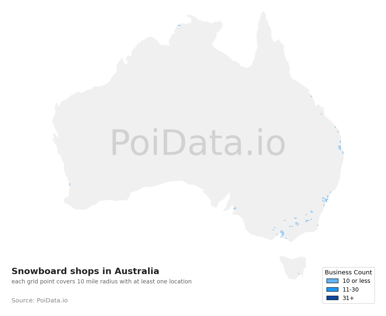 Snowboard shop density map for Australia