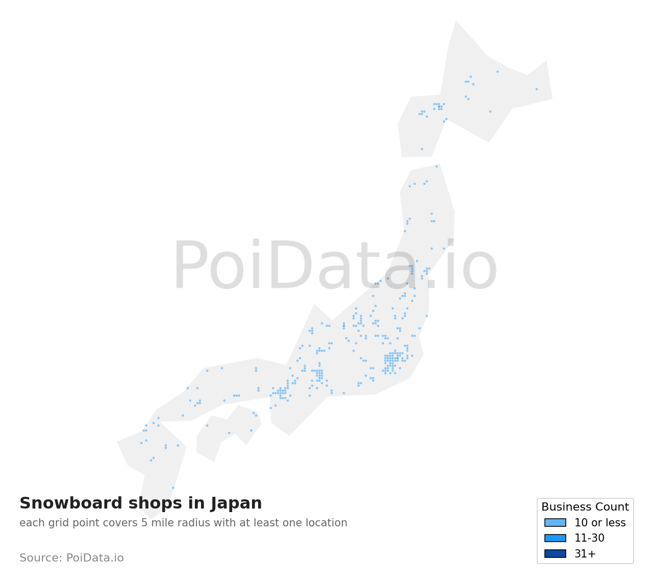 Snowboard shop density map for Japan
