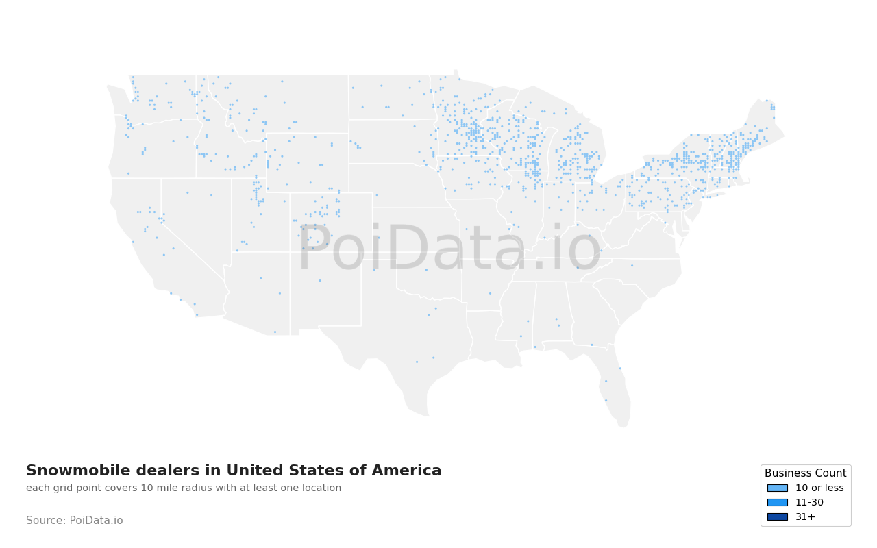 Snowmobile dealer density map for Wyoming, United States