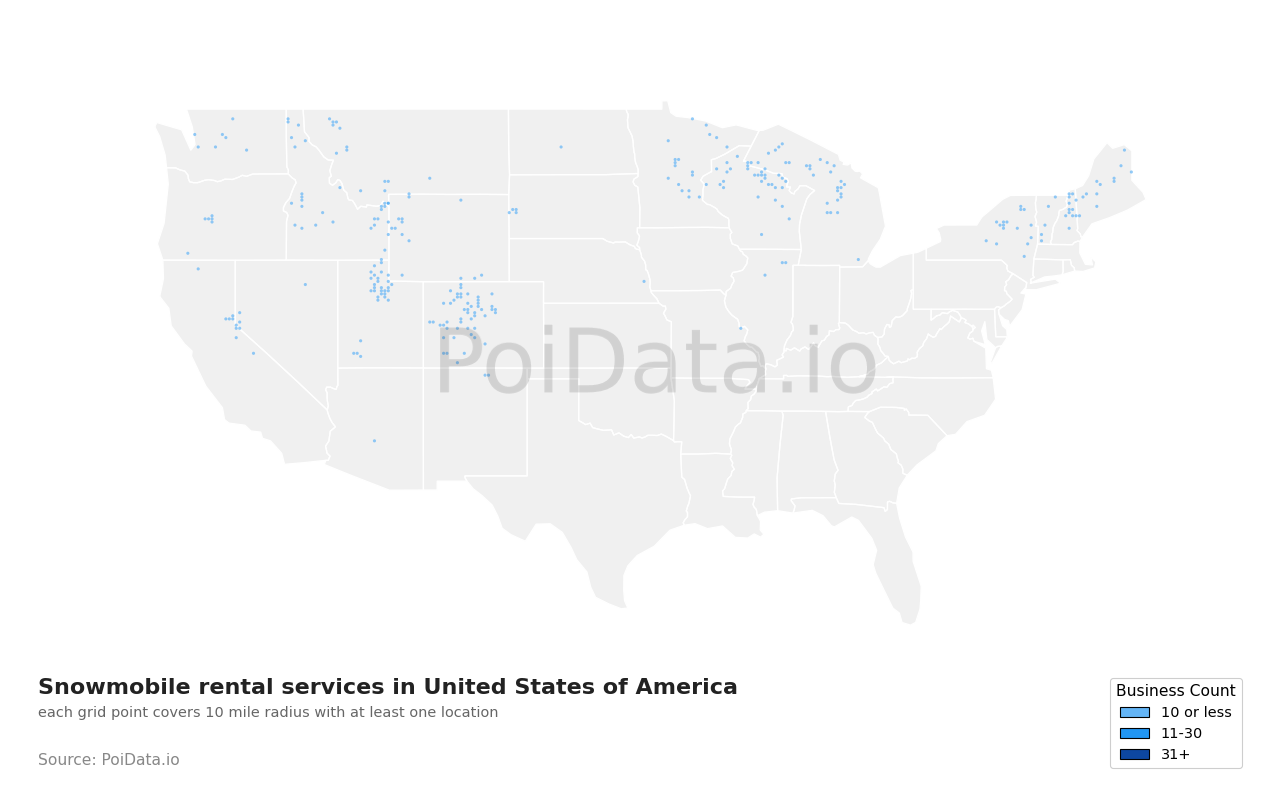 Snowmobile rental service density map for United States