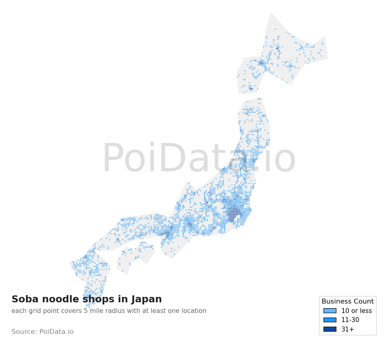 Soba noodle shop density map for Japan