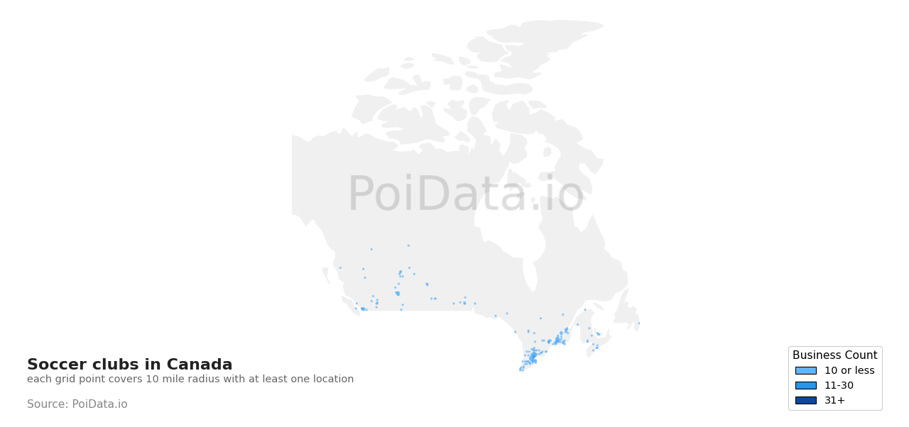 Soccer club density map for Canada