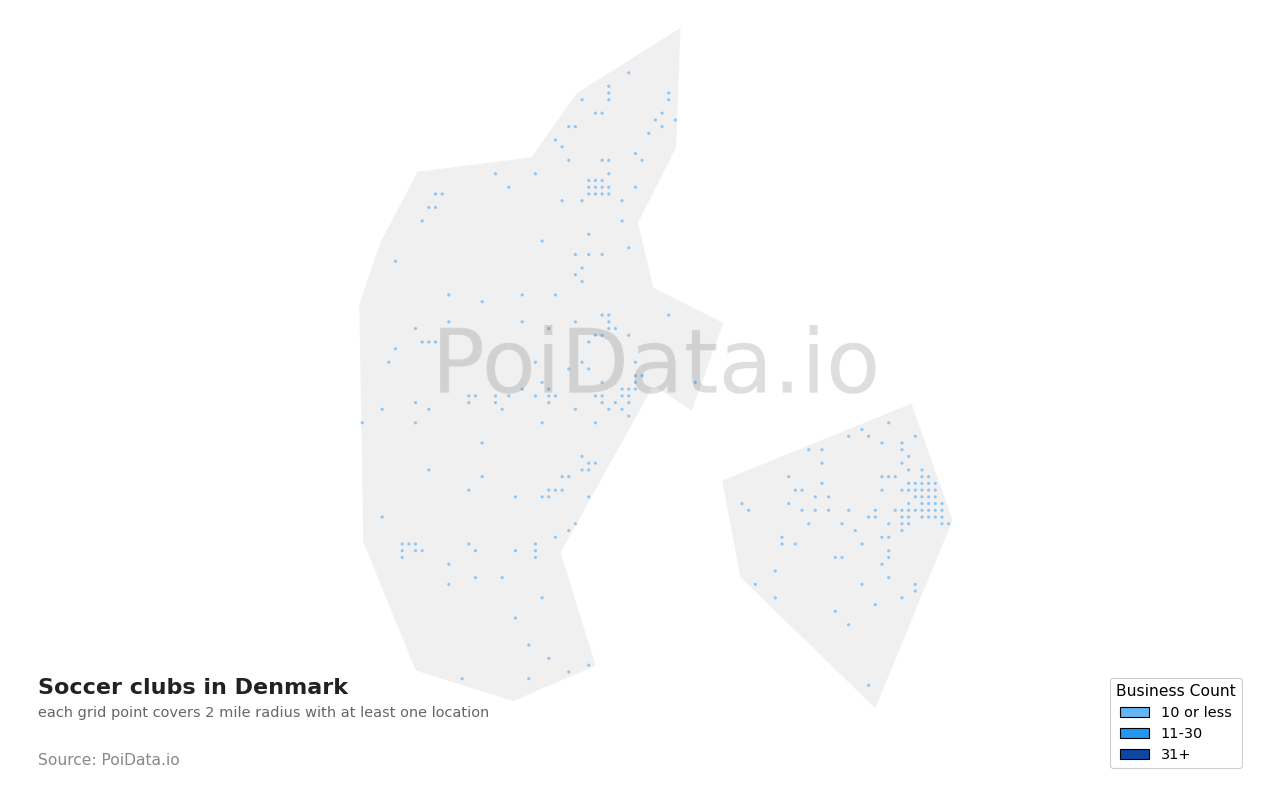 Soccer club density map for Denmark