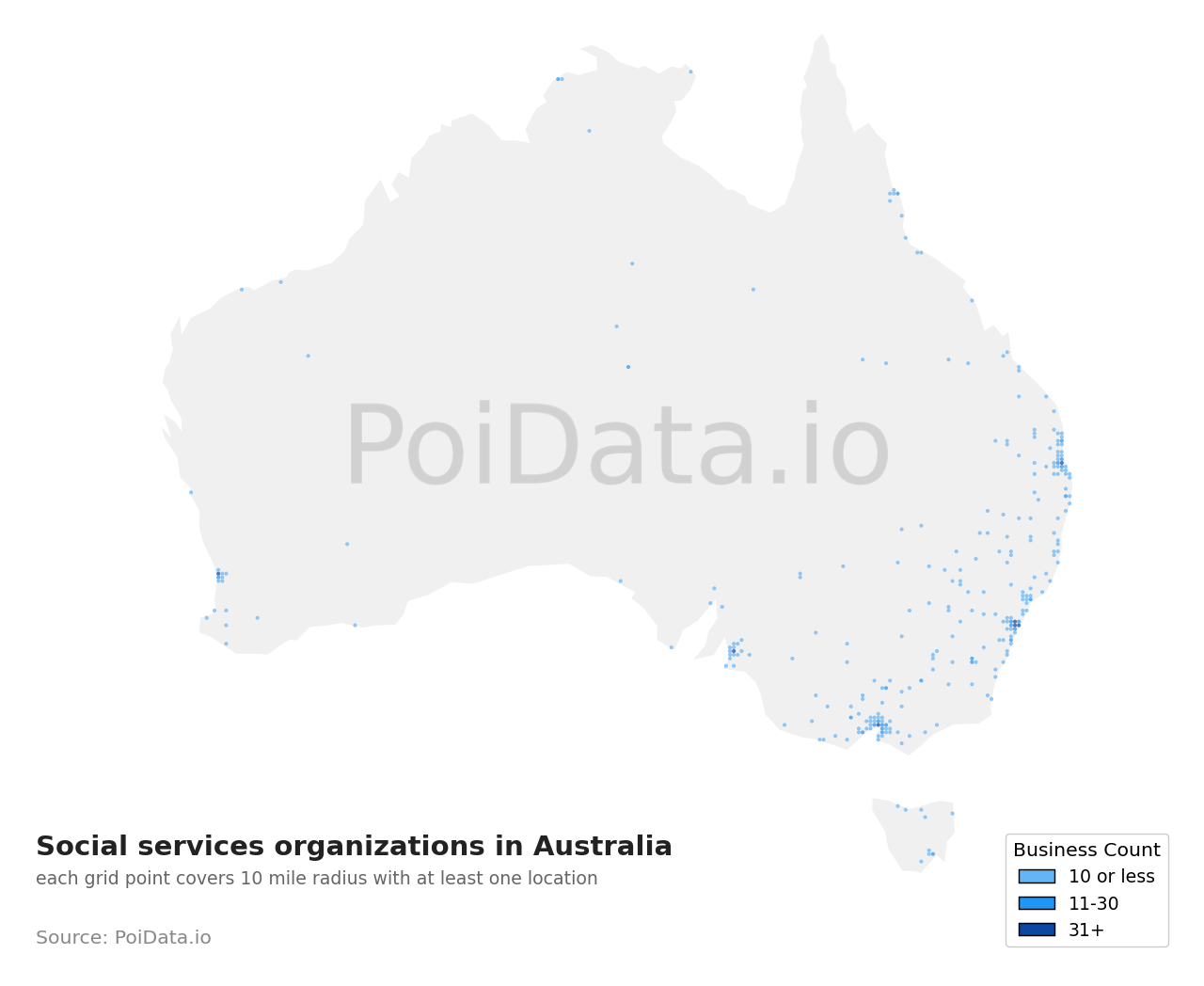 Social services organization density map for TAS, Australia