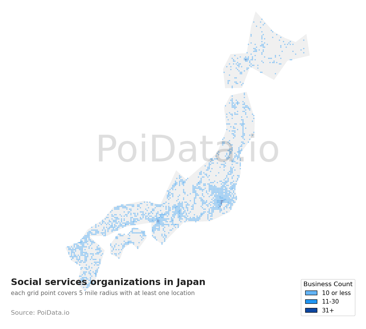 Social services organization density map for Japan