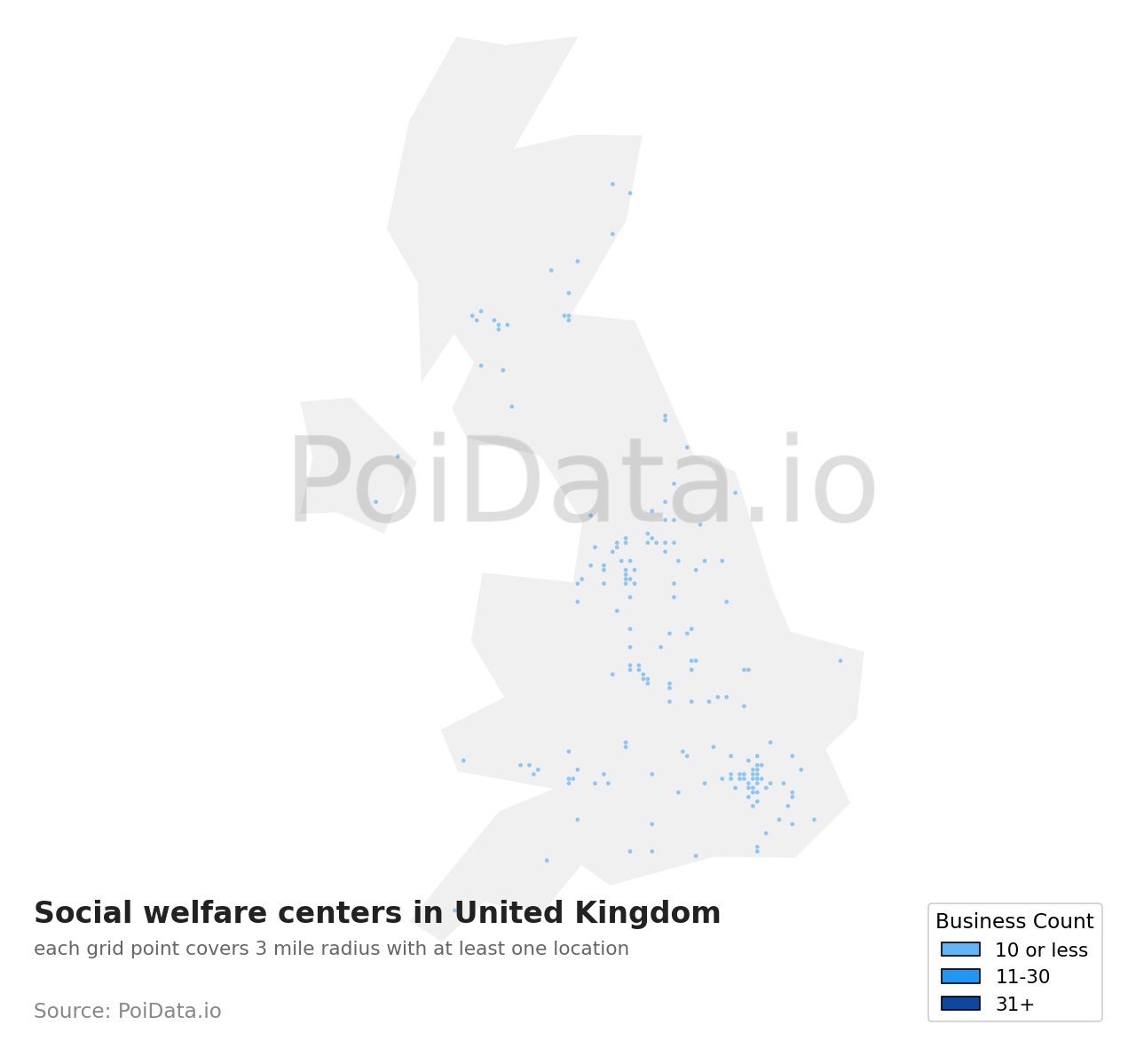 Social welfare center density map for United Kingdom