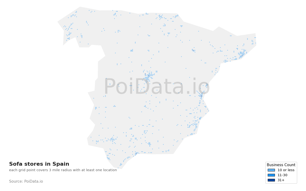 Sofa store density map for Spain