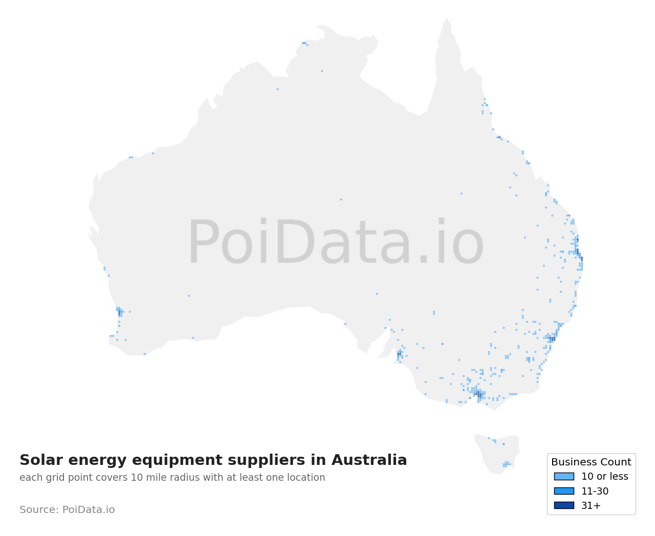 Solar energy equipment supplier density map for Western Australia, Australia