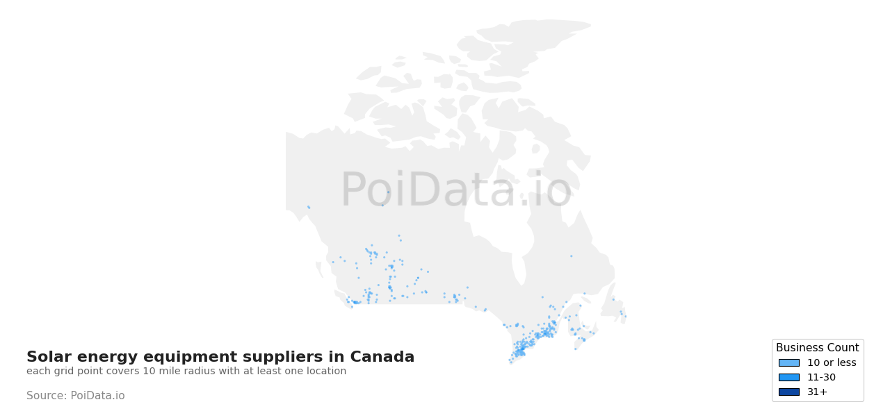 Solar energy equipment supplier density map for Alberta, Canada