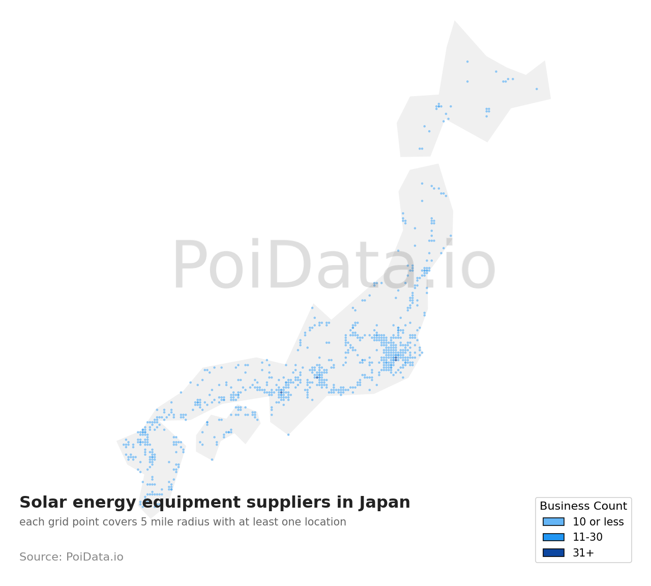 Solar energy equipment supplier density map for Japan