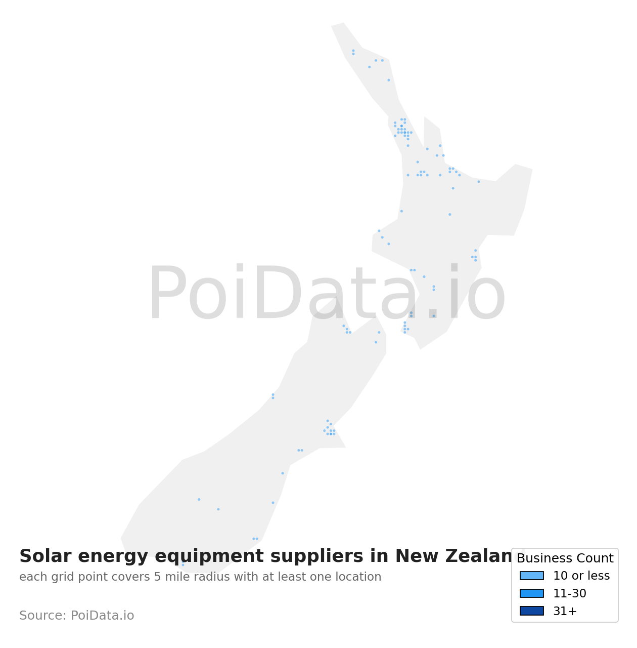 Solar energy equipment supplier density map for New Zealand
