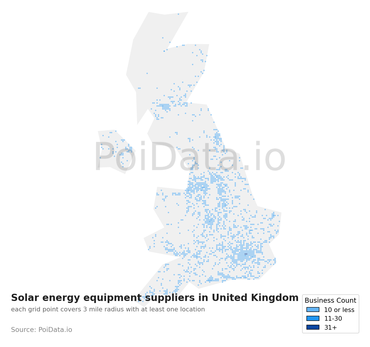 Solar energy equipment supplier density map for United Kingdom