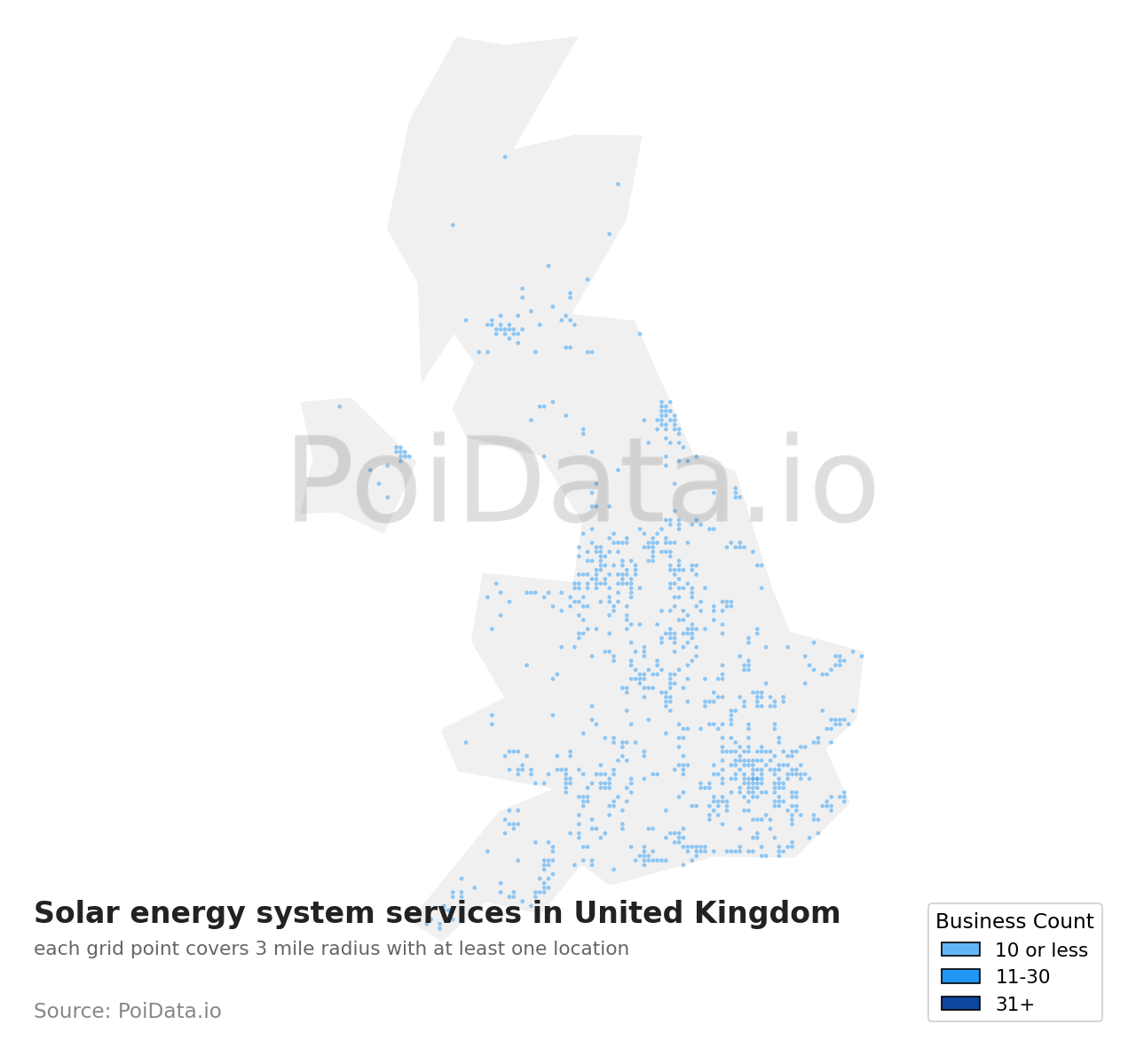 Solar energy system service density map for United Kingdom
