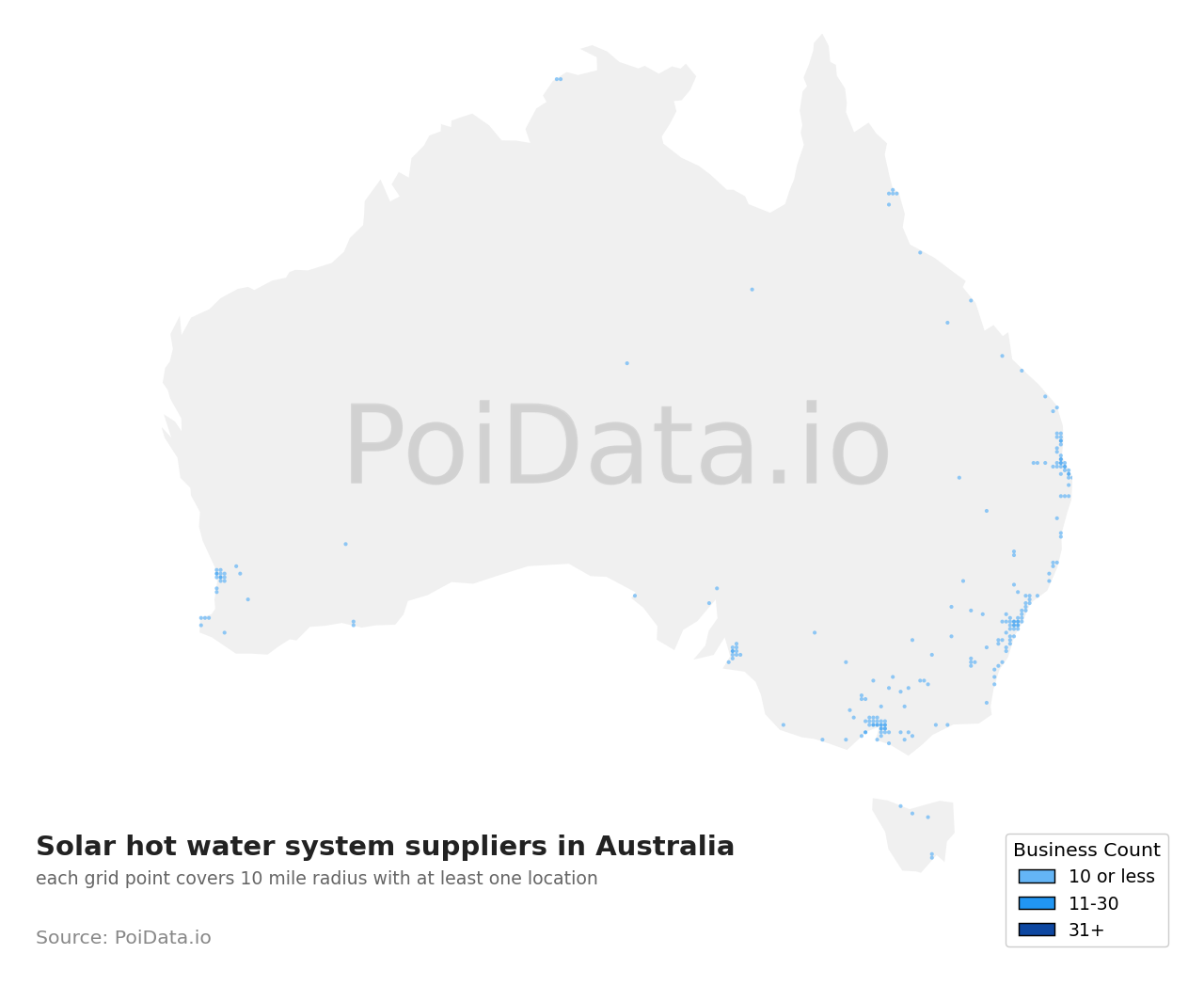 Solar hot water system supplier density map for Australia