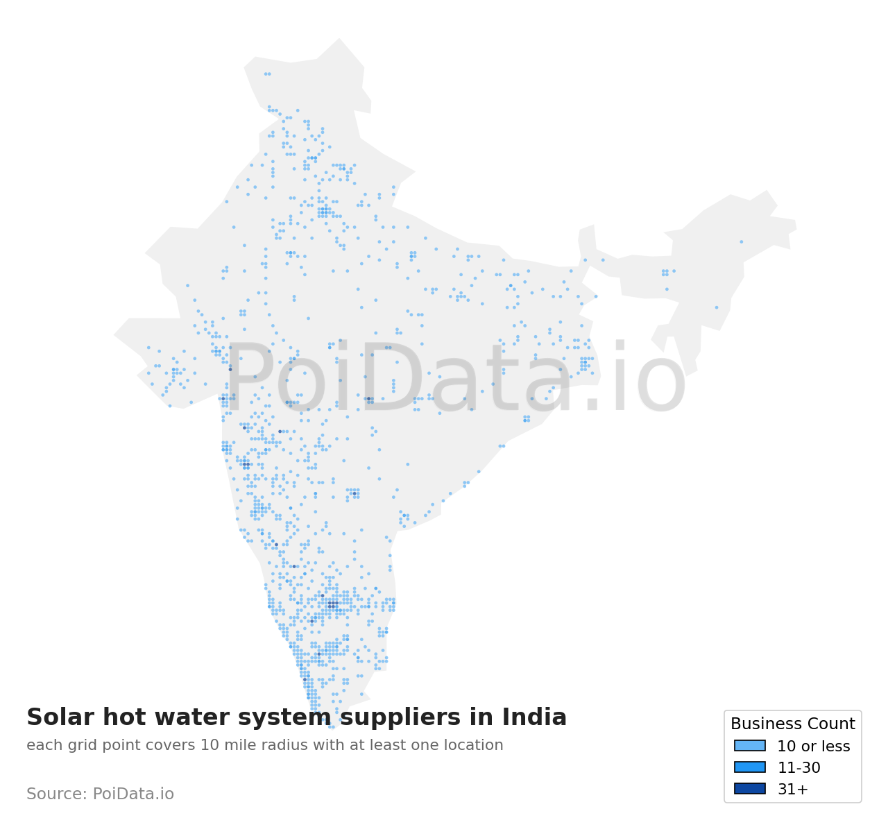 Solar hot water system supplier density map for India