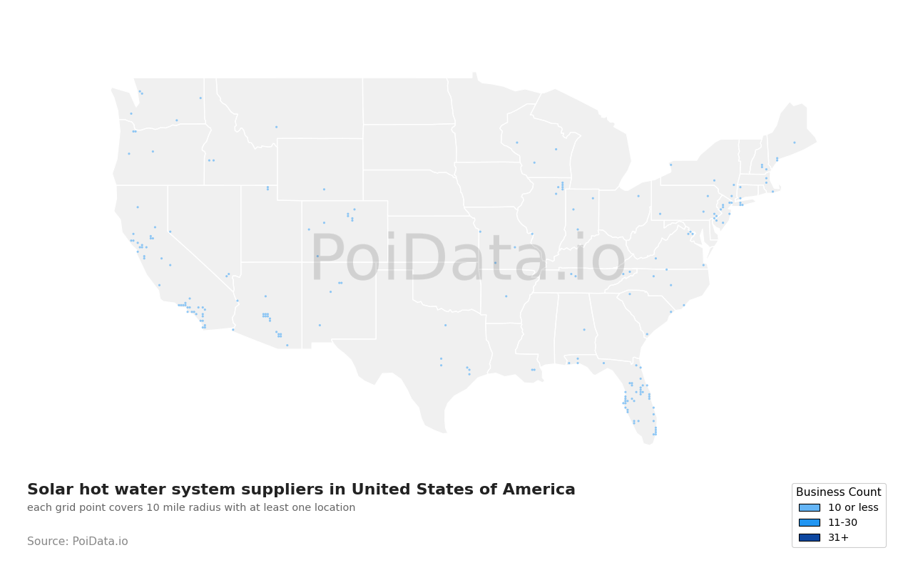 Solar hot water system supplier density map for United States