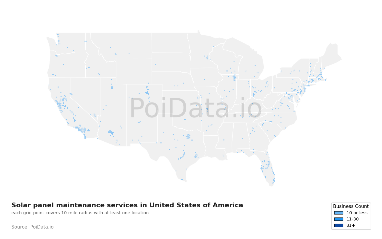 Solar panel maintenance service density map for United States