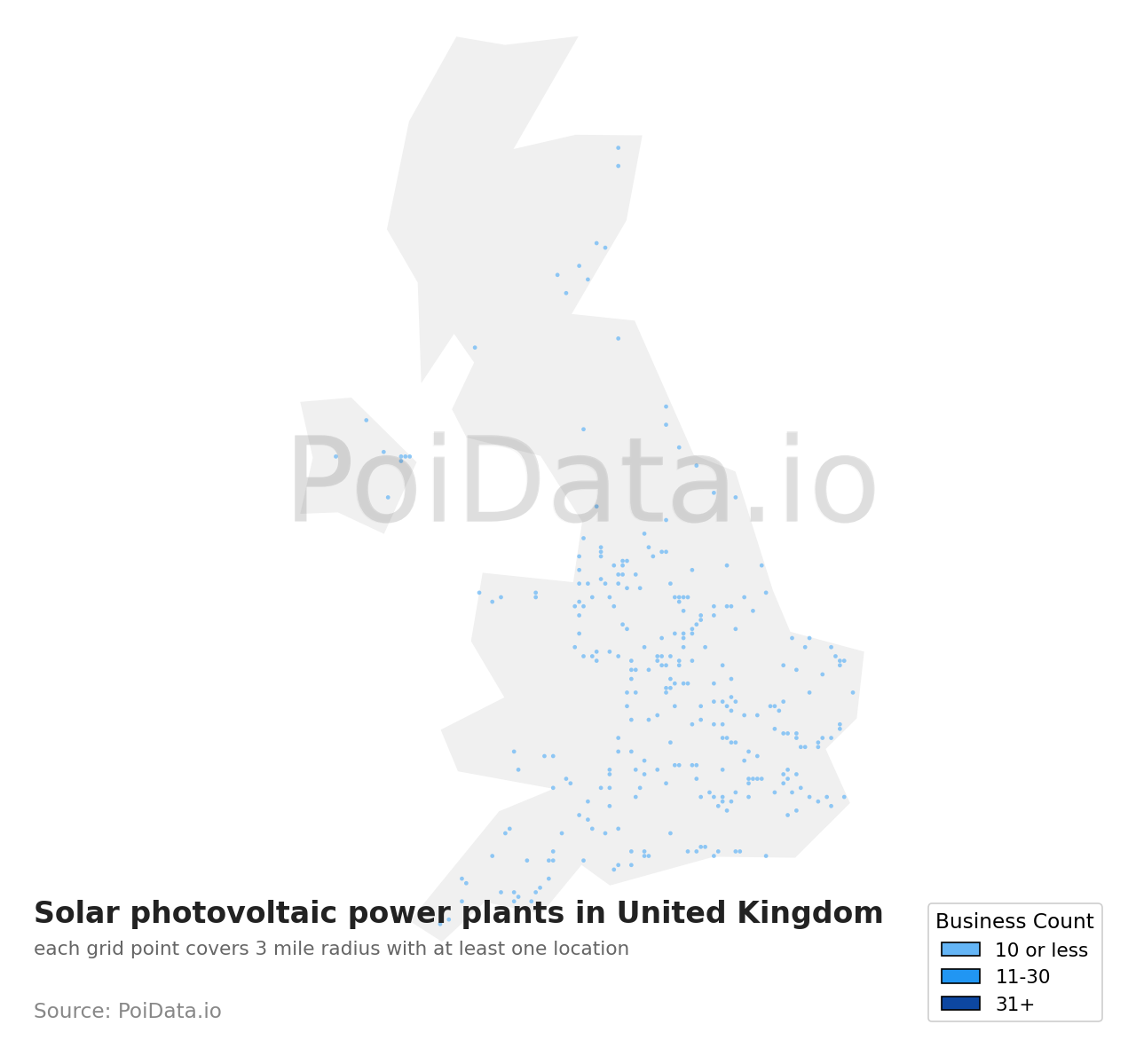Solar photovoltaic power plant density map for United Kingdom