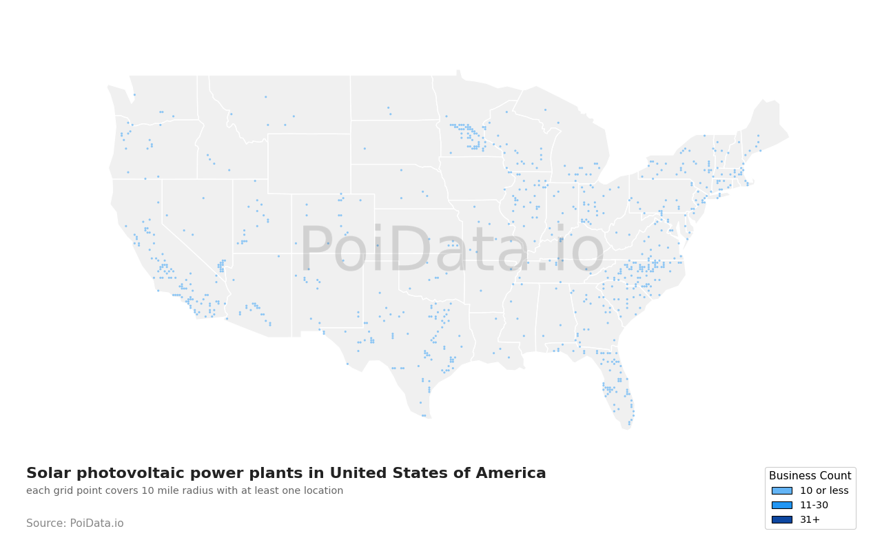 Solar photovoltaic power plant density map for United States