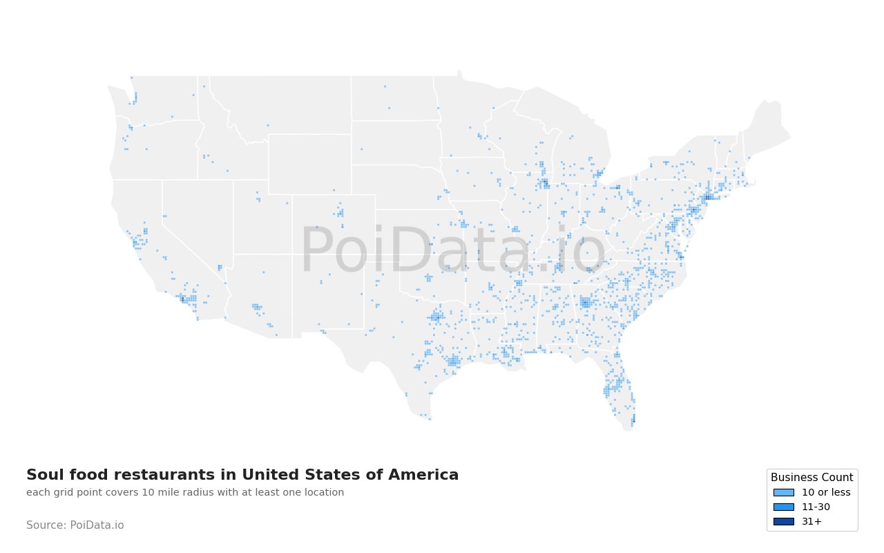 Soul food restaurant density map for Tennessee, United States