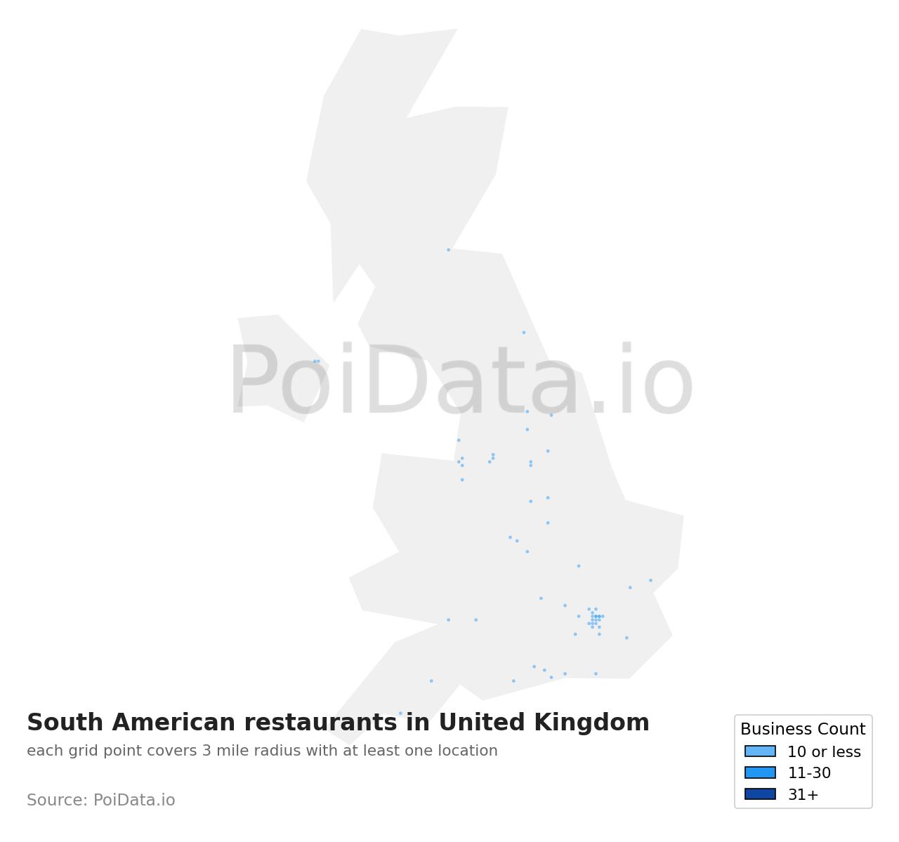 South American restaurant density map for United Kingdom