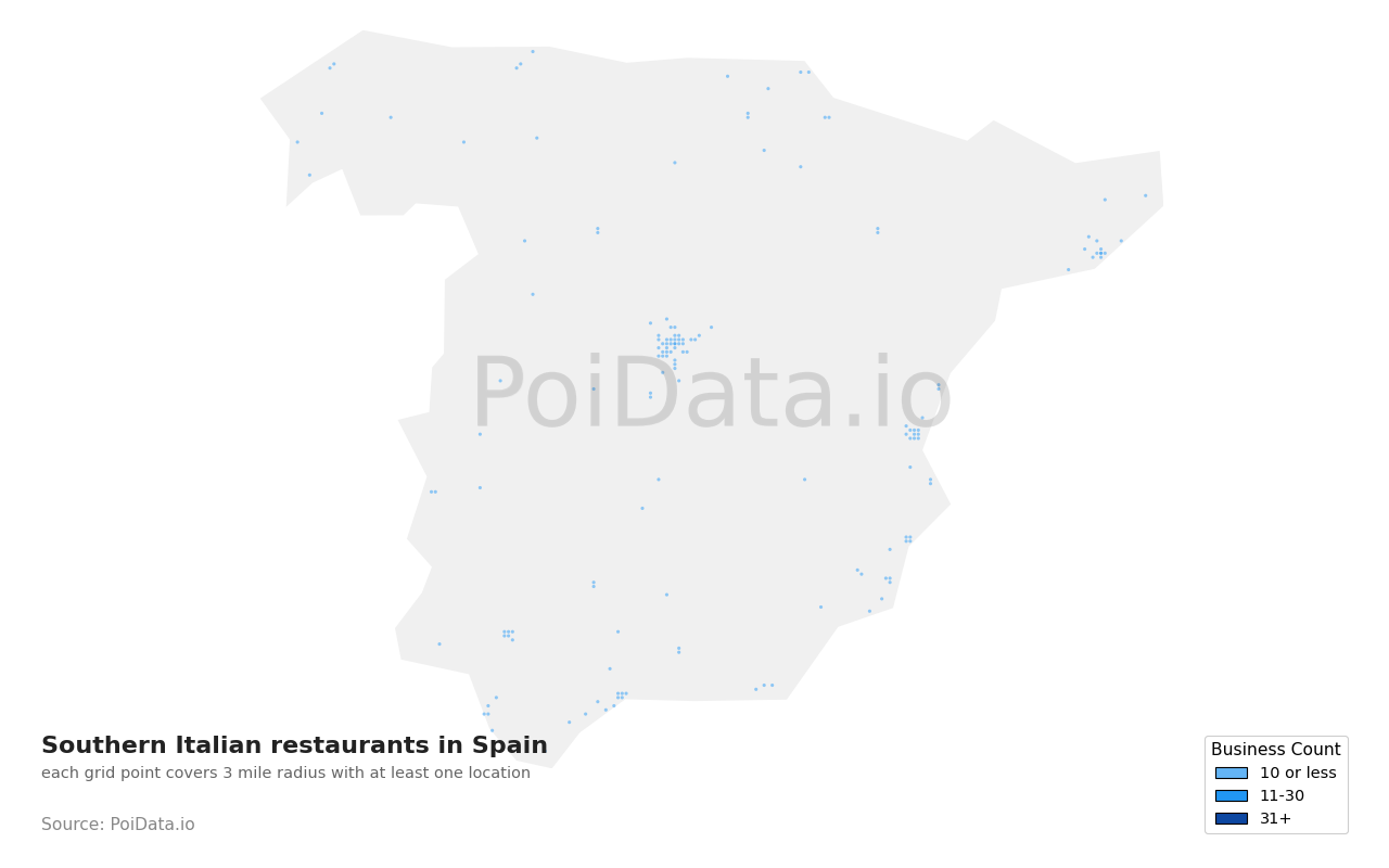 Southern Italian restaurant density map for Spain