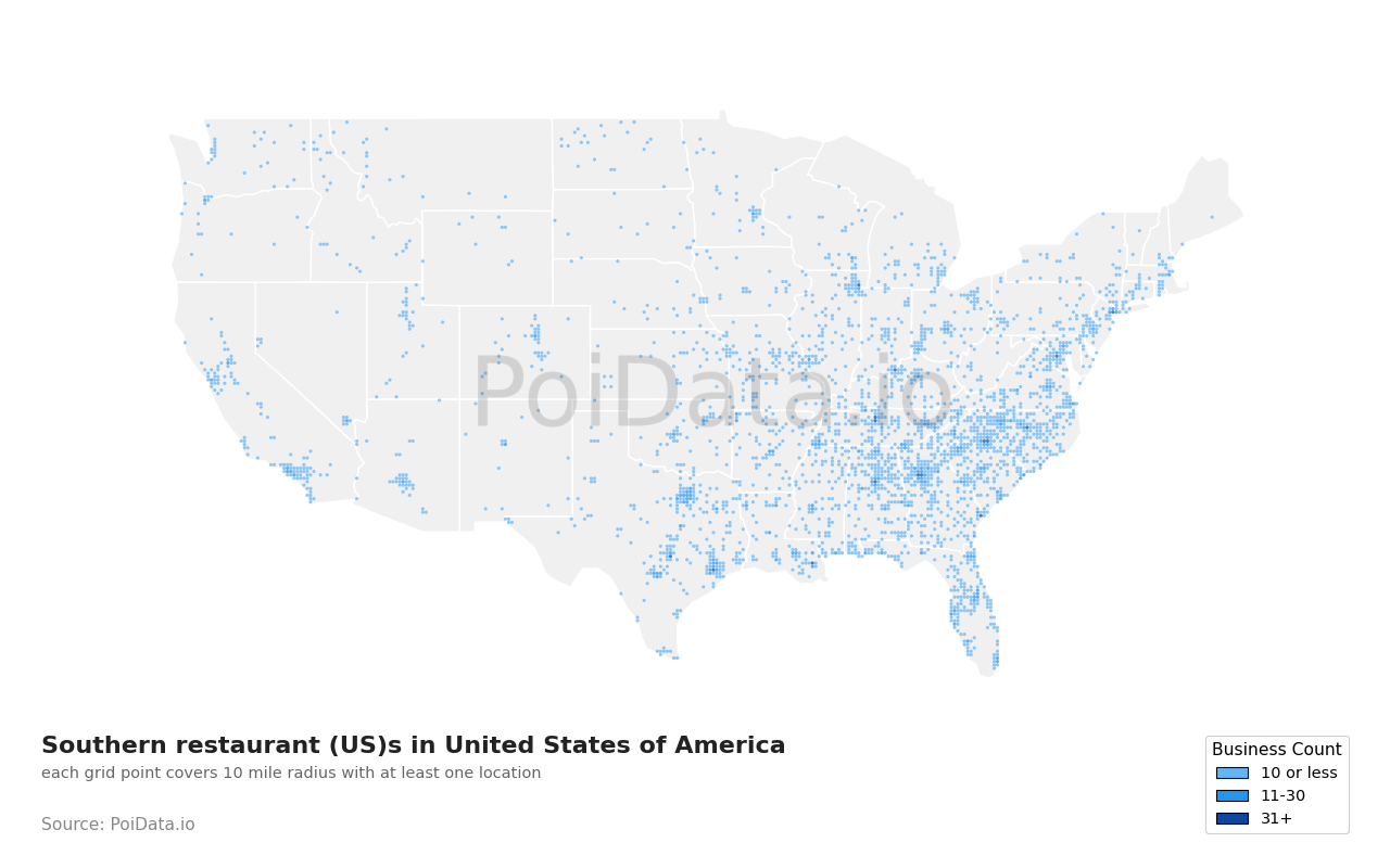 Southern restaurant (US) density map for Maryland, United States