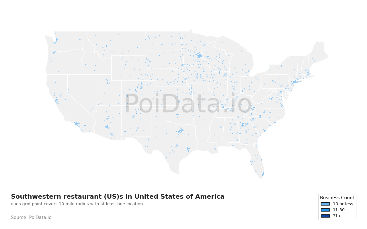 Southwestern restaurant (US) density map for United States