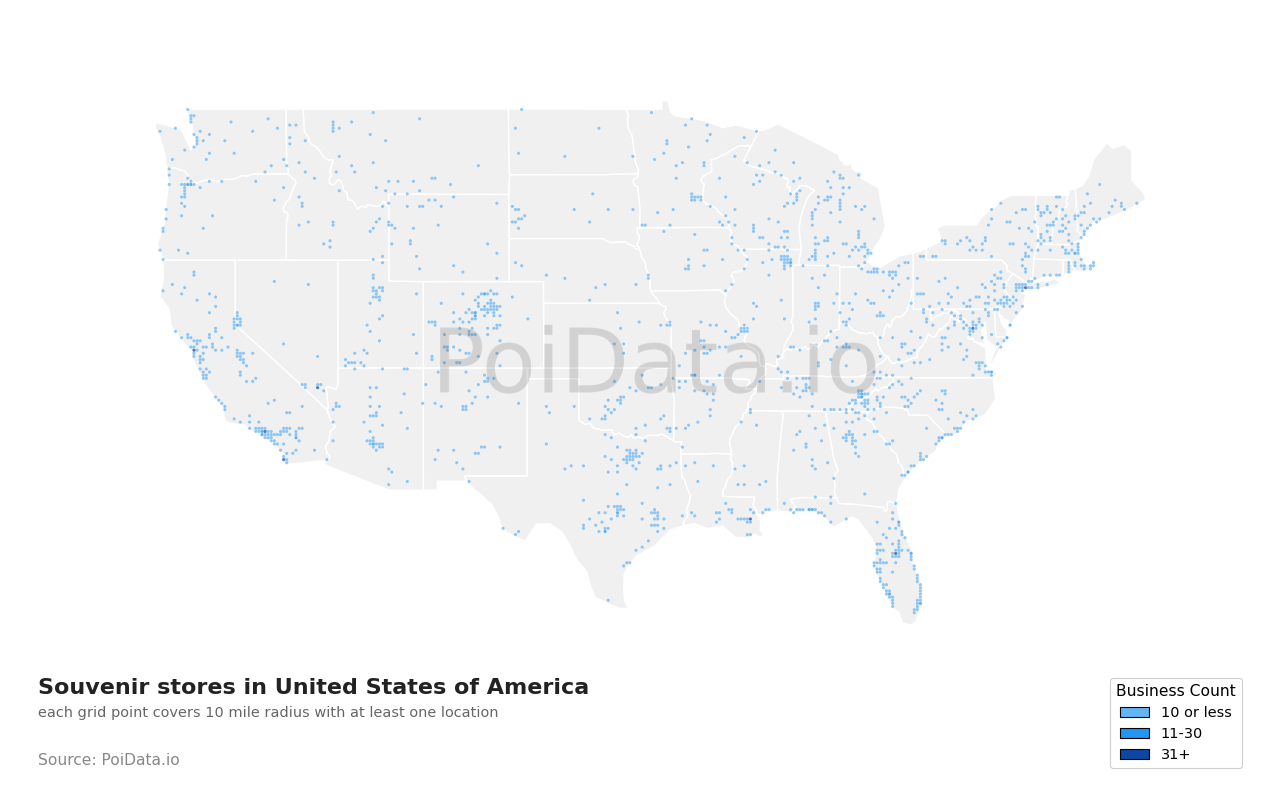Souvenir store density map for Tennessee, United States