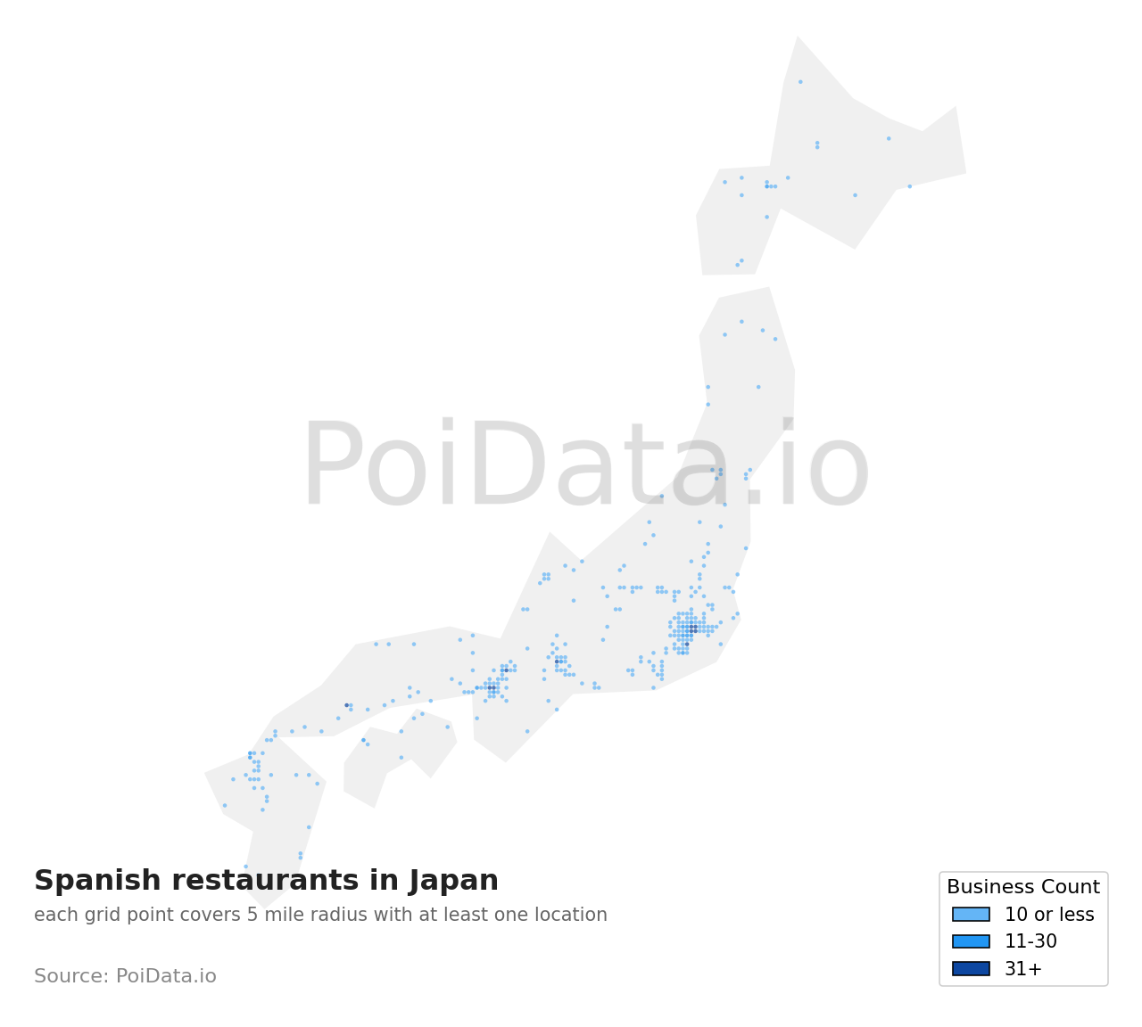 Spanish restaurant density map for Japan